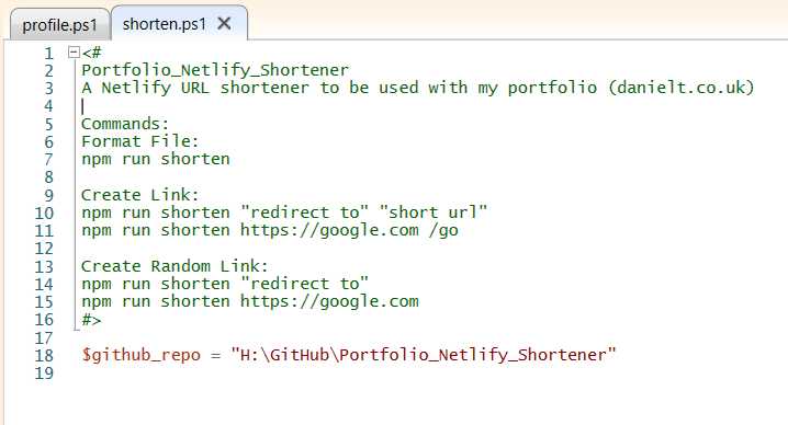 The PowerShell Script with the comment and Github Repo Variable added
