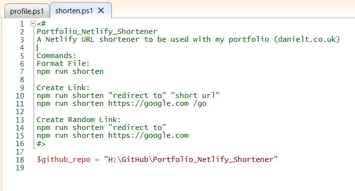 The PowerShell Script with the comment and Github Repo Variable added