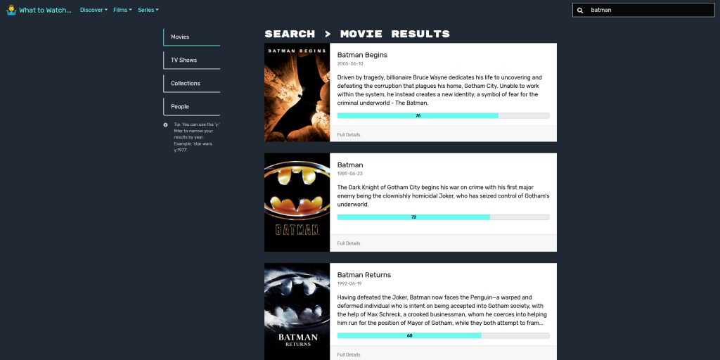 What to Watch – Search Page Screenshot